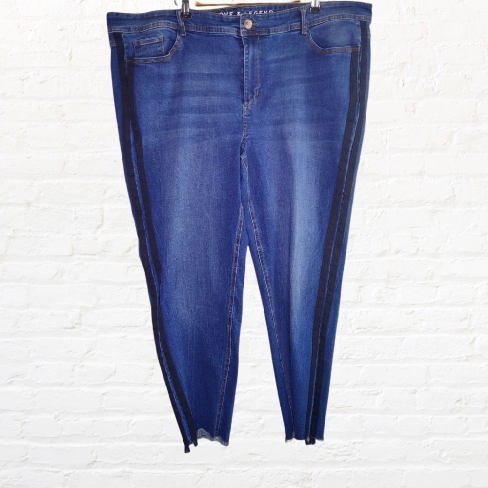 Love & Legend blue jeans with raw hem and double black stripe on leg